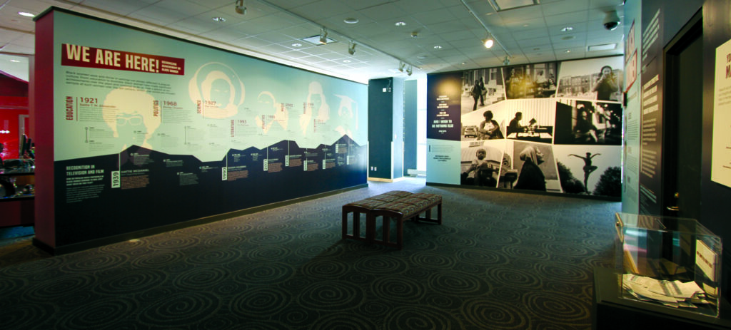 A view of the exhibit, including the 25 foot timeline.