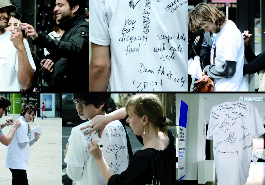 Collage of images of people working on T-shirts
