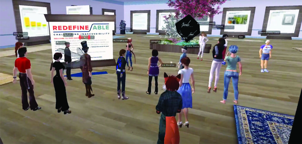 Screengrab from the Second Life installation. Sixteen human-looking avatars are standing in the illustrated room. Introductory information about Redefine/ABLE is on the main panel closest to tour leader, David London. Nine large wooden-framed panels with exhibition information are posted around the space.