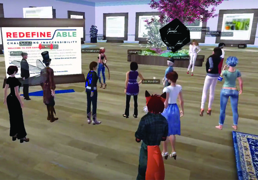 Screengrab from the Second Life installation. Sixteen human-looking avatars are standing in the illustrated room. Introductory information about Redefine/ABLE is on the main panel closest to tour leader, David London. Nine large wooden-framed panels with exhibition information are posted around the space.